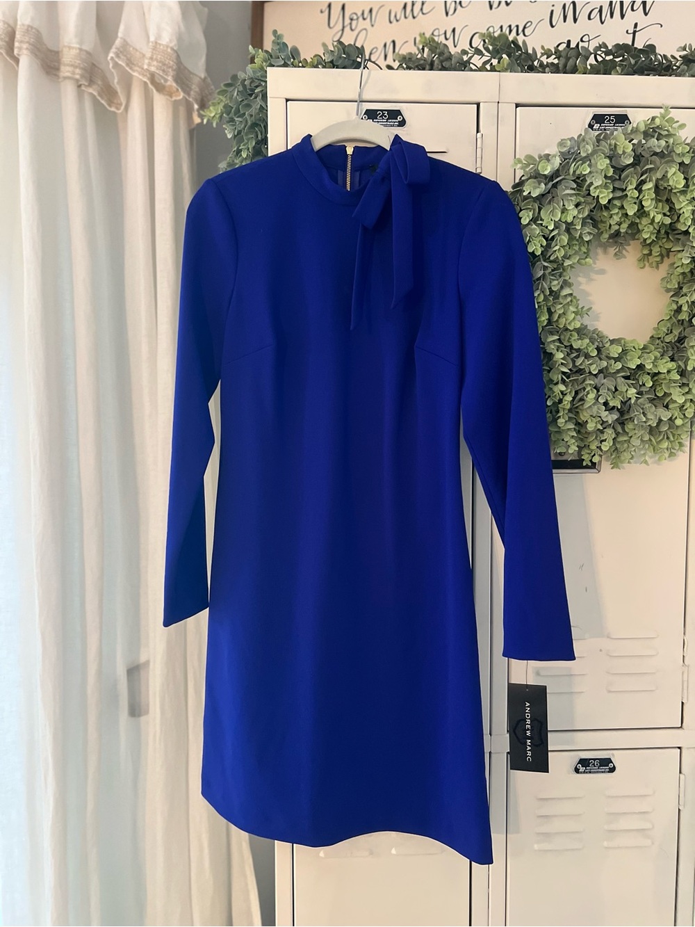 NWT Andrew Marc Classic Bow-Tie Long Sleeve Dress in Royal Blue
